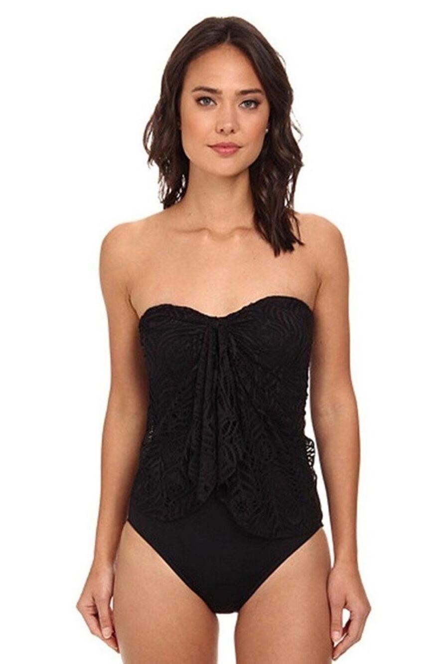 9346-1 LRL Ralph Lauren Womens Black Crochet Lace Flyaway One Piece Swimsuit 8